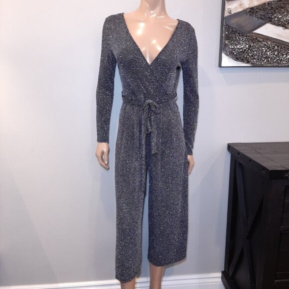 Mandee Sparkle Jumpsuit Long Sleeve Wide Cropped Leg Tie Belted Surplice Glitter - Picture 14 of 14